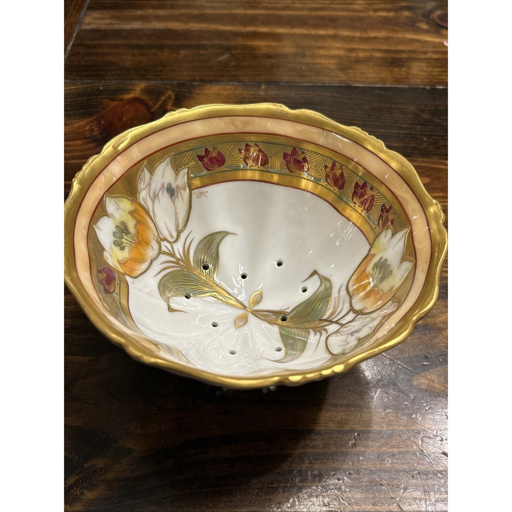 Antique T&V Limoges France Pickard Hand Painted Berry Bowl‎ Strainer Gold Gilt - Picture 11 of 11